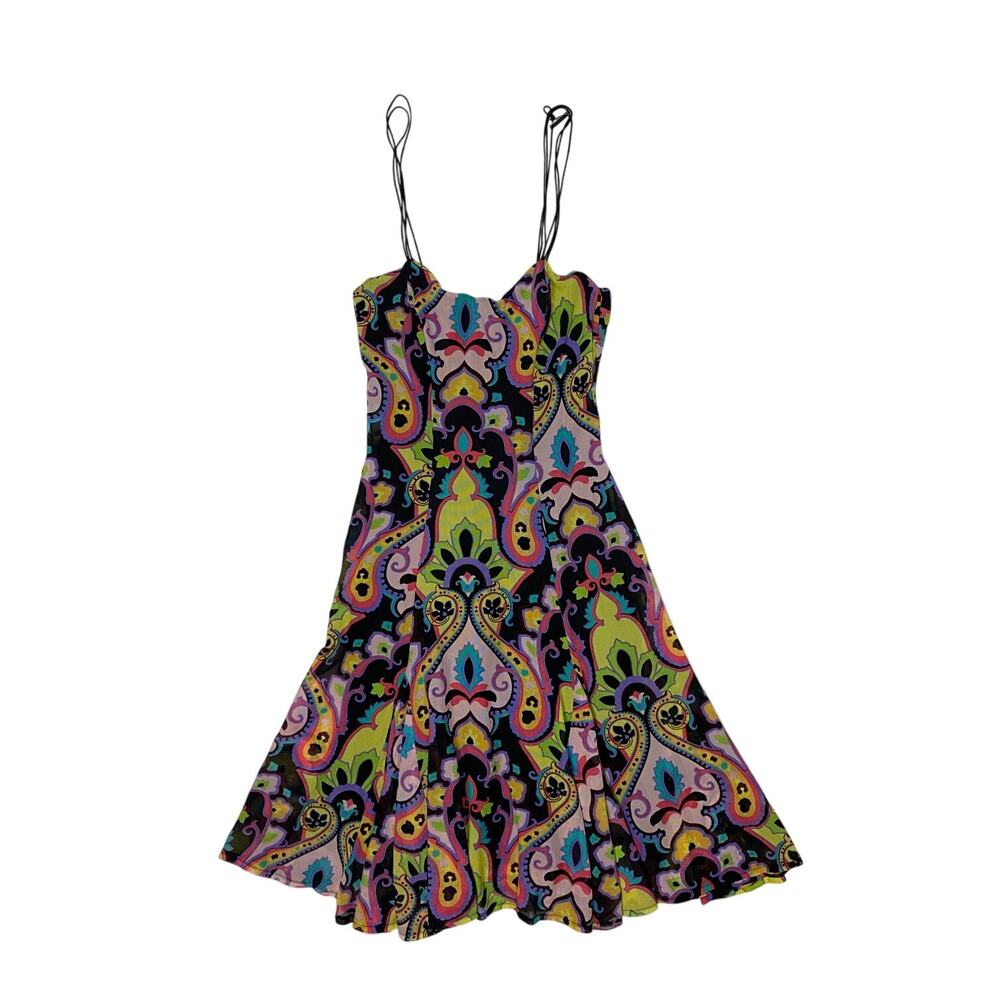 Y2K Christie’s Mesh Printed Strappy Party Dress w Corset Boning